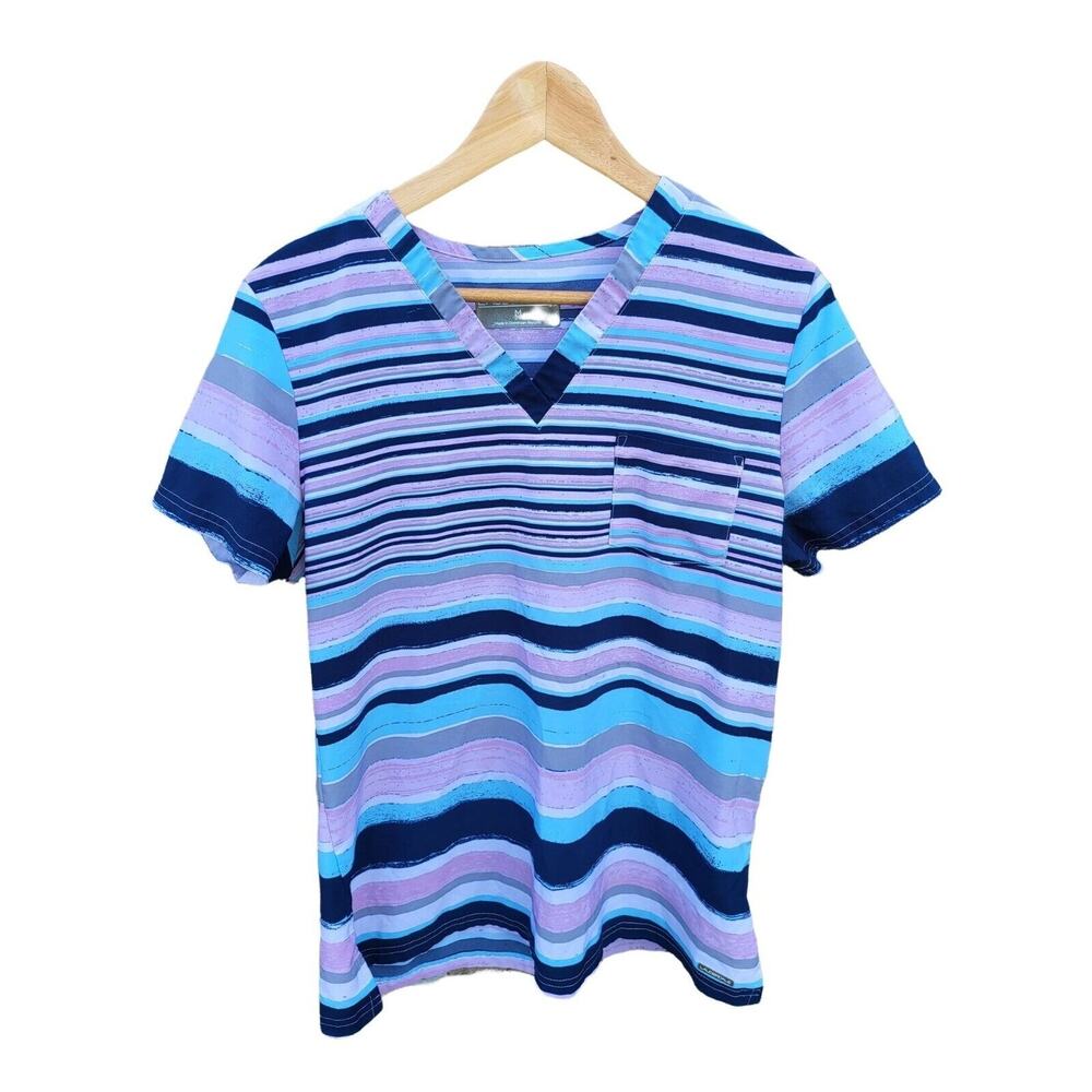 Lauderdale Scrub Top Womens M V Neck Short Sleeve Multicolor Striped‎